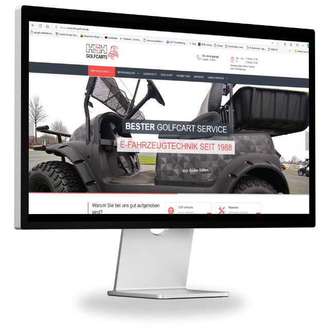 Screenshot der Website von HSH Golfcarts mit einem Bild von einem schwarzen Golfcart und dem Slogan: ‚Bester Golfcart Service – E-Fahrzeugtechnik seit 1988‘.